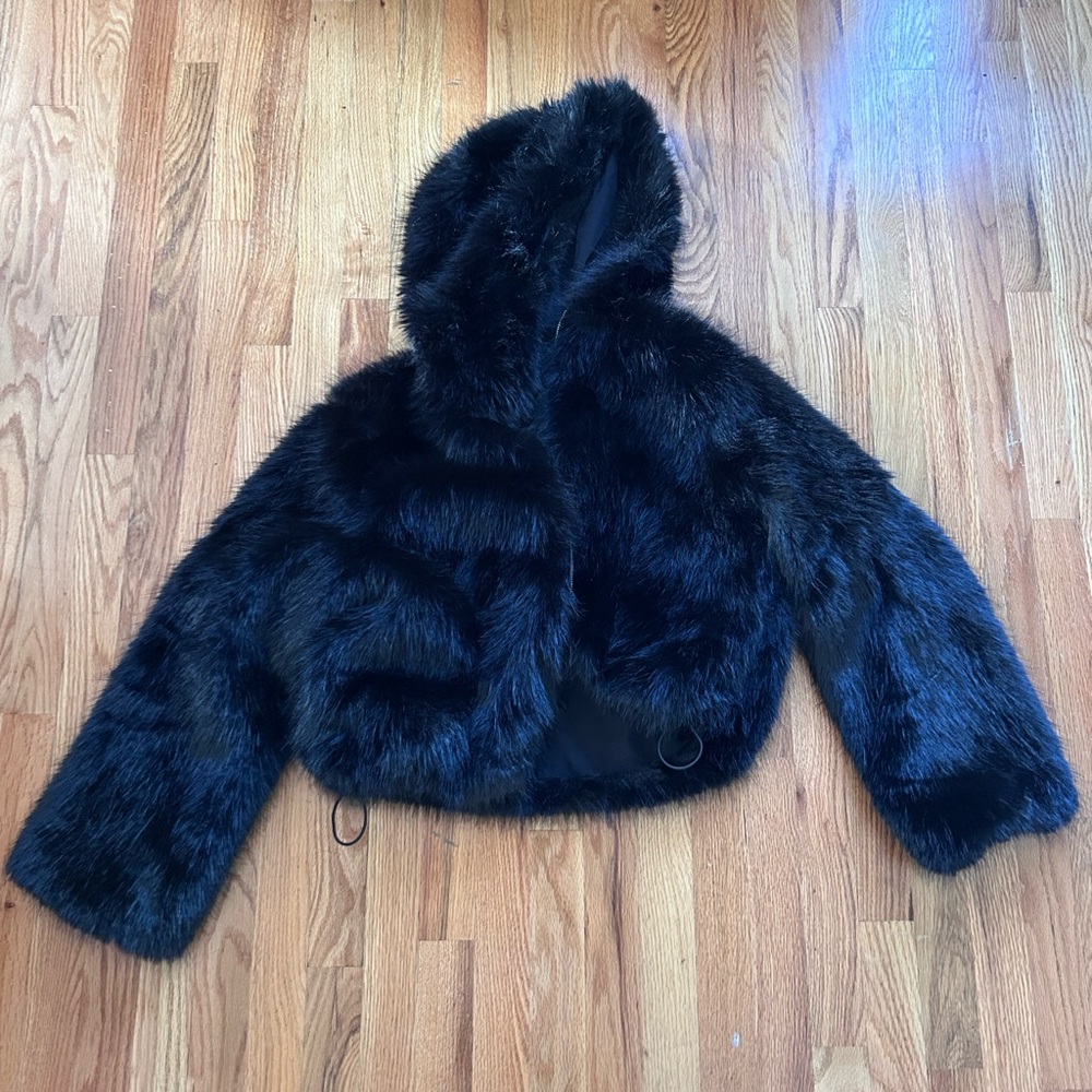 Faux Fur Hooded Jacket - Black